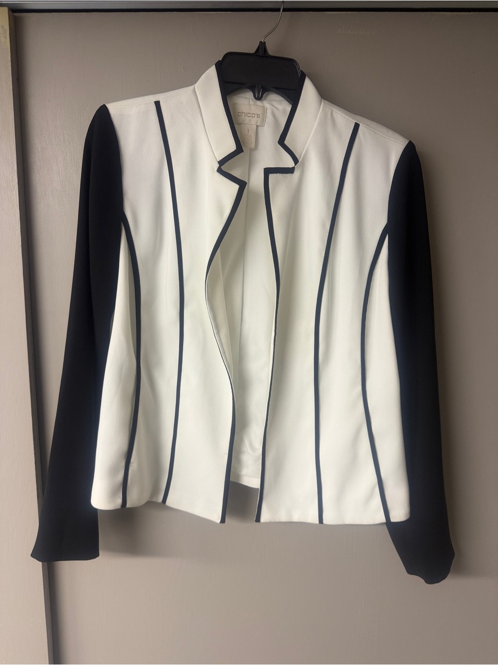 Chico's White Jacket with Black Sleeves & Black Piped Detail
